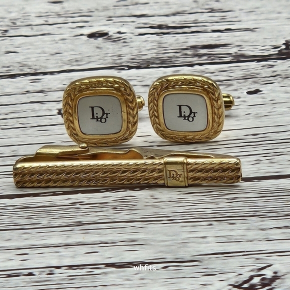 Christian Dior Gold and Gray Tone Cufflink and Tie Bar Set - Picture 1 of 3